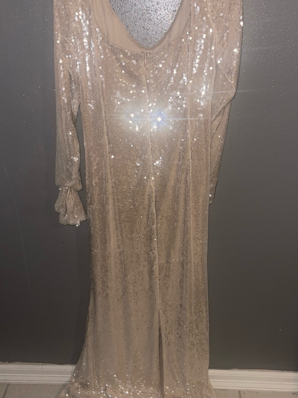 AKIRA Champagne Sequin Maxi Dress with Long Sleeves
